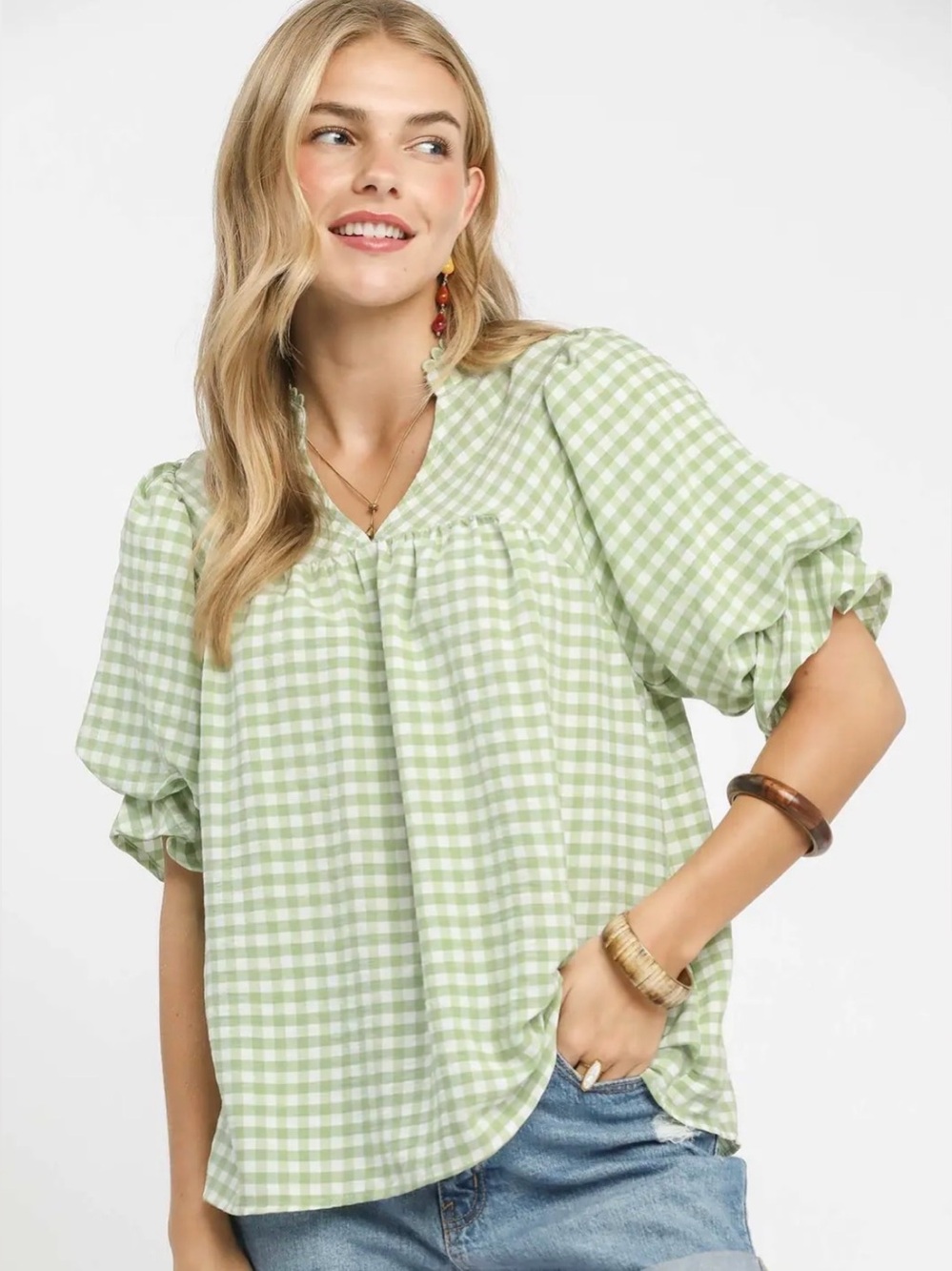 Umgee Gingham Puff Sleeve Babydoll Blouse